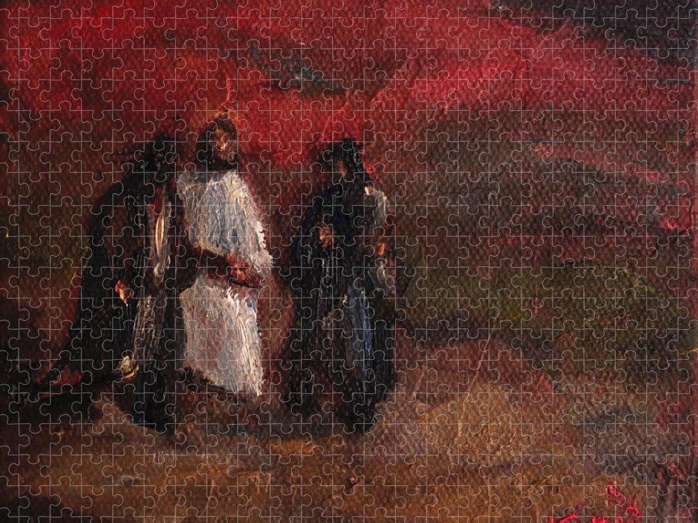 Jesus Jigsaw Puzzle featuring the painting On the Road to Emmaus by Carole Foret