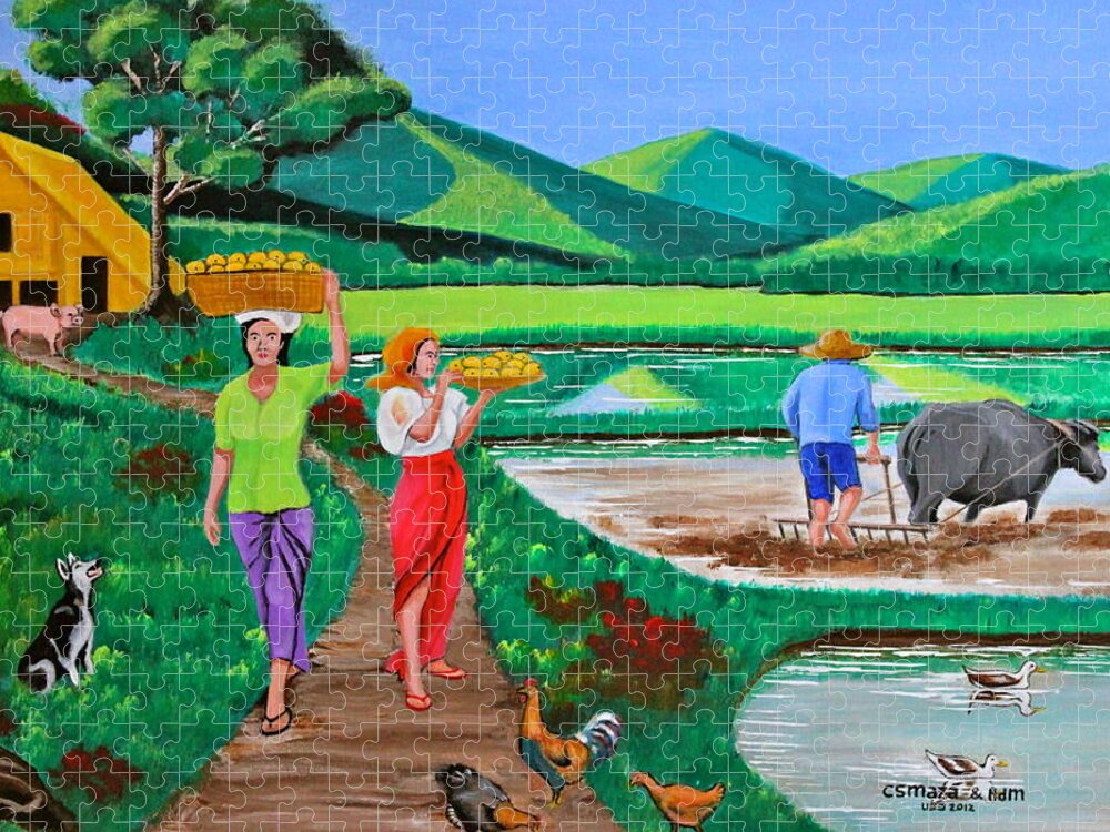 Carabao Jigsaw Puzzle featuring the painting One Beautiful Morning in the Farm by Cyril Maza