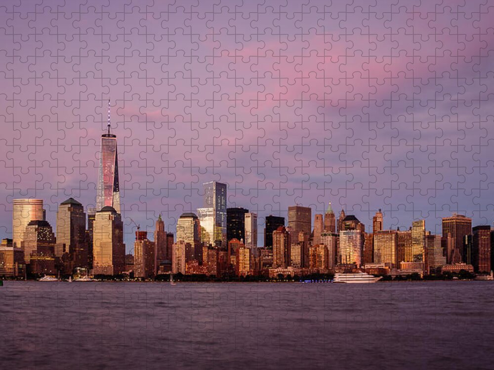 1wtc Jigsaw Puzzle featuring the photograph One WTC Lower Manhattan and the Harvest Moon by SAURAVphoto Online Store