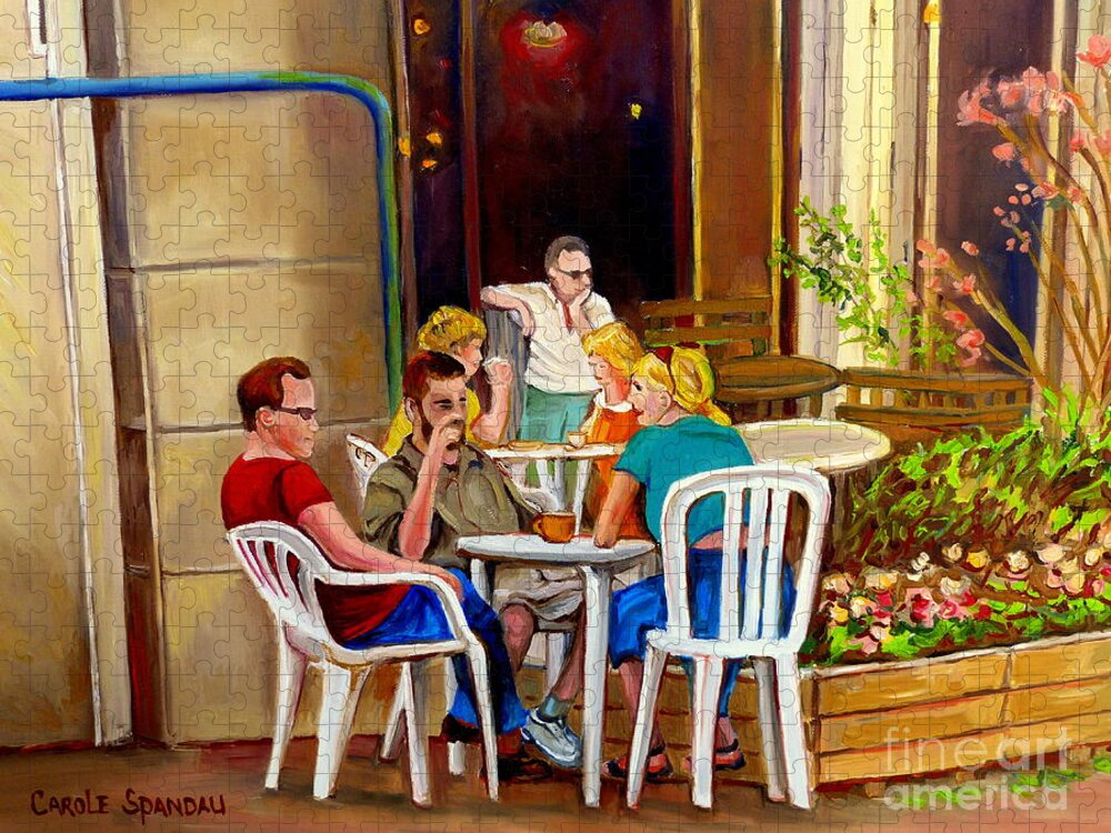 Montreal Jigsaw Puzzle featuring the painting Open Air Cafe Parisian Style Bistro-rue St Denis Montreal Cafe Paintings Carole Spandau by Carole Spandau