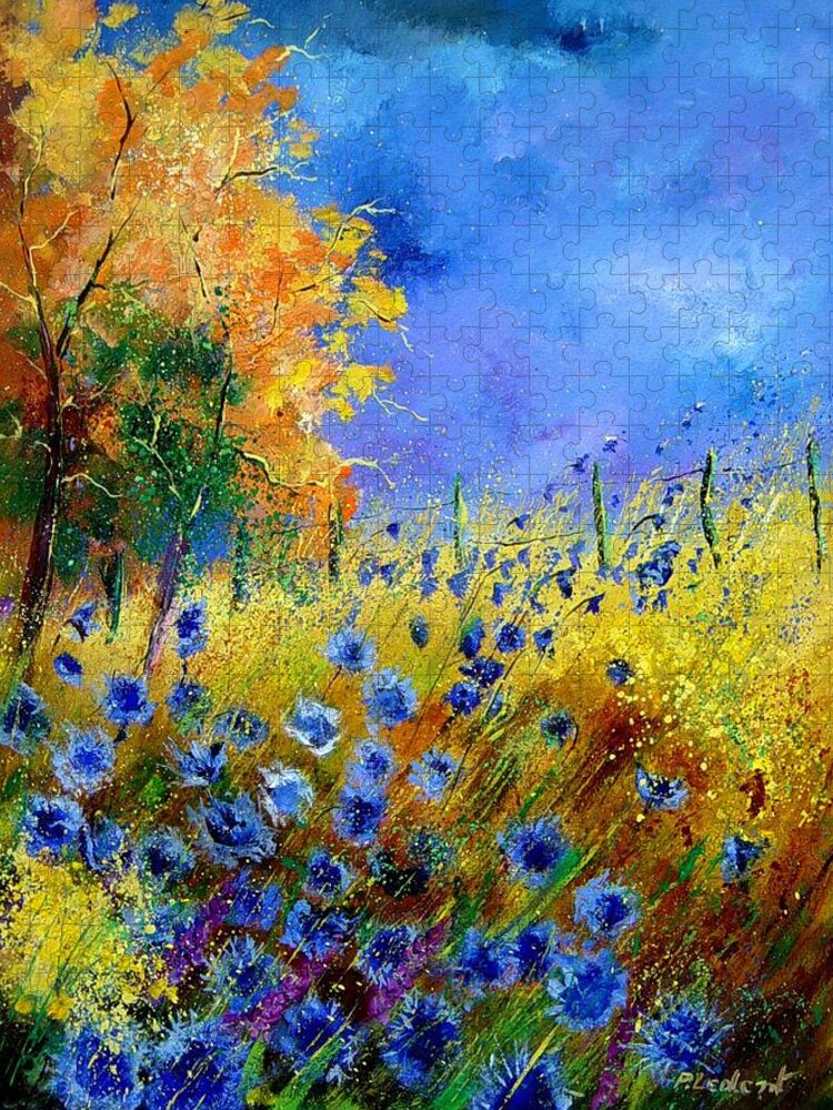 Poppies Puzzle featuring the painting Orange tree and blue cornflowers by Pol Ledent