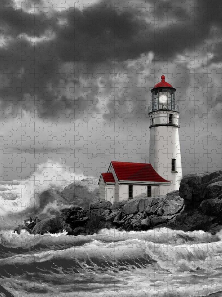 Oregon Lighthouse Cape Blanco With Stormy Sea Jigsaw Puzzle featuring the painting Oregon lighthouse Cape Blanco in black white and red by Regina Femrite