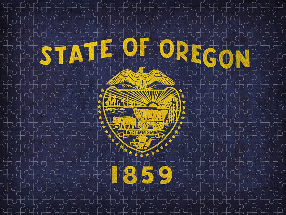 Oregon State Flag Art On Worn Canvas Jigsaw Puzzle featuring the mixed media Oregon State Flag Art on Worn Canvas by Design Turnpike