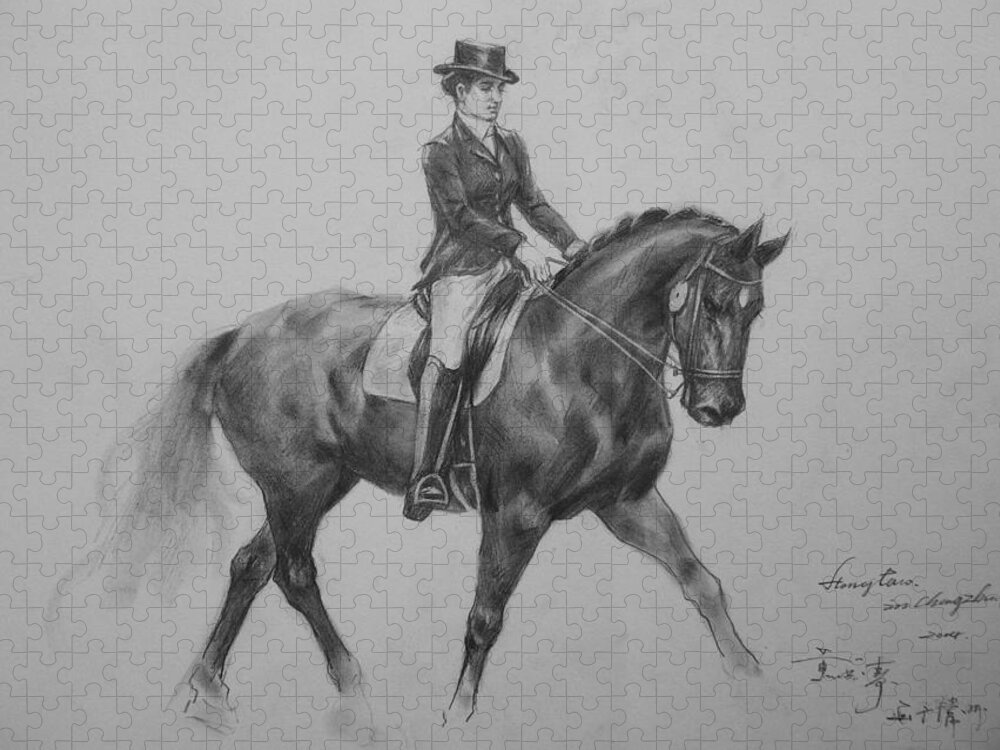 Original Sketch Art Jigsaw Puzzle featuring the painting Original Drawing Sketch Lady Noblewomen And Horse Art Pencil On Paper By Hongtao by Hongtao Huang