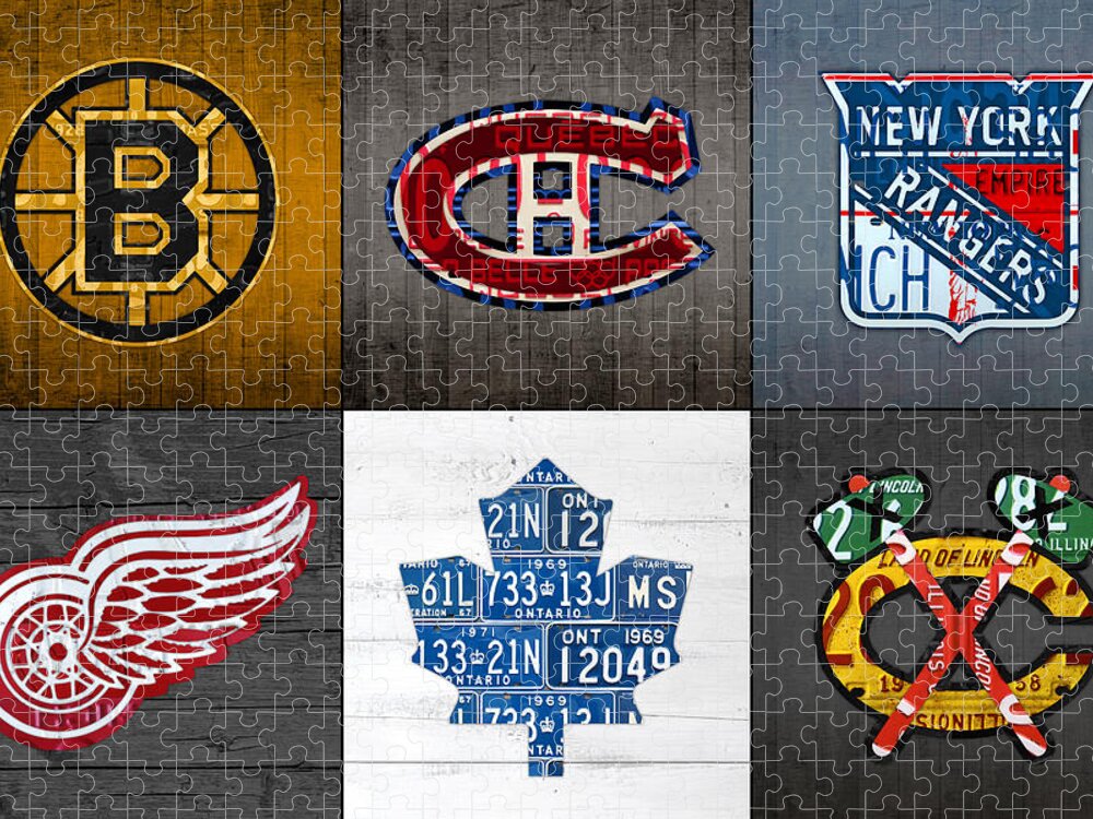 Original Six Jigsaw Puzzle featuring the mixed media Original Six Hockey Team Retro Logo Vintage Recycled License Plate Art by Design Turnpike