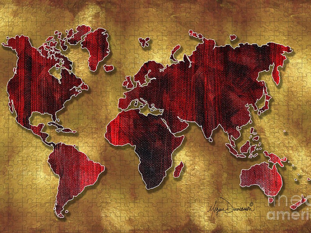 Map Jigsaw Puzzle featuring the painting Original World Map Design Gold and Vibrant Red Unique Art by Megan Duncanson by Megan Aroon