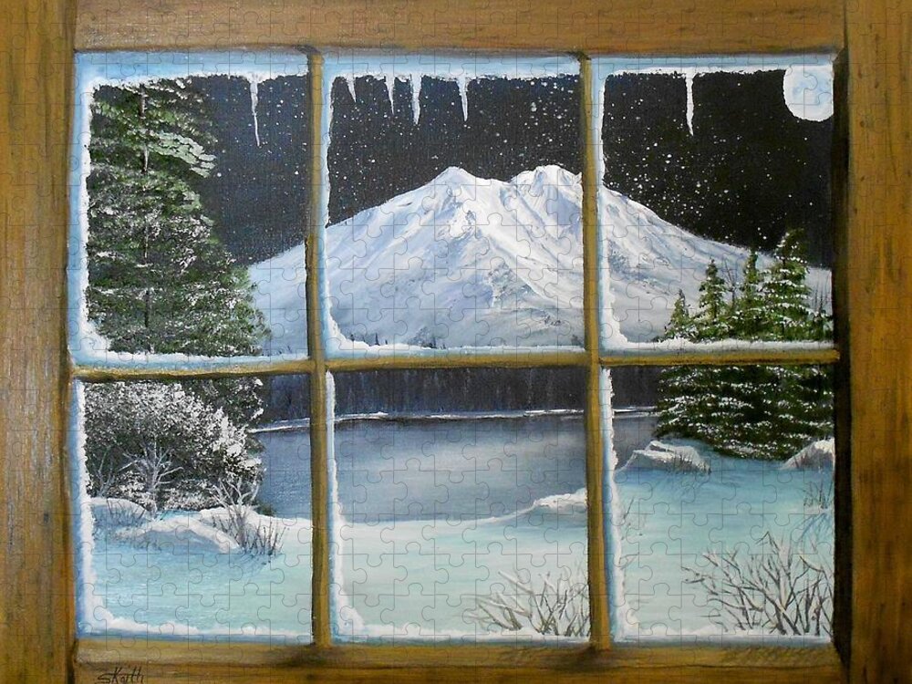 Window Jigsaw Puzzle featuring the painting Out My Window-Bright Winter's Night by Sheri Keith