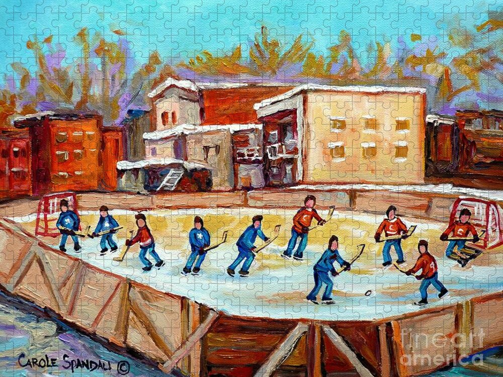 Hockey Jigsaw Puzzle featuring the painting Outdoor Hockey Fun Rink Hockey Game In The City Montreal Memories Paintings Carole Spandau by Carole Spandau