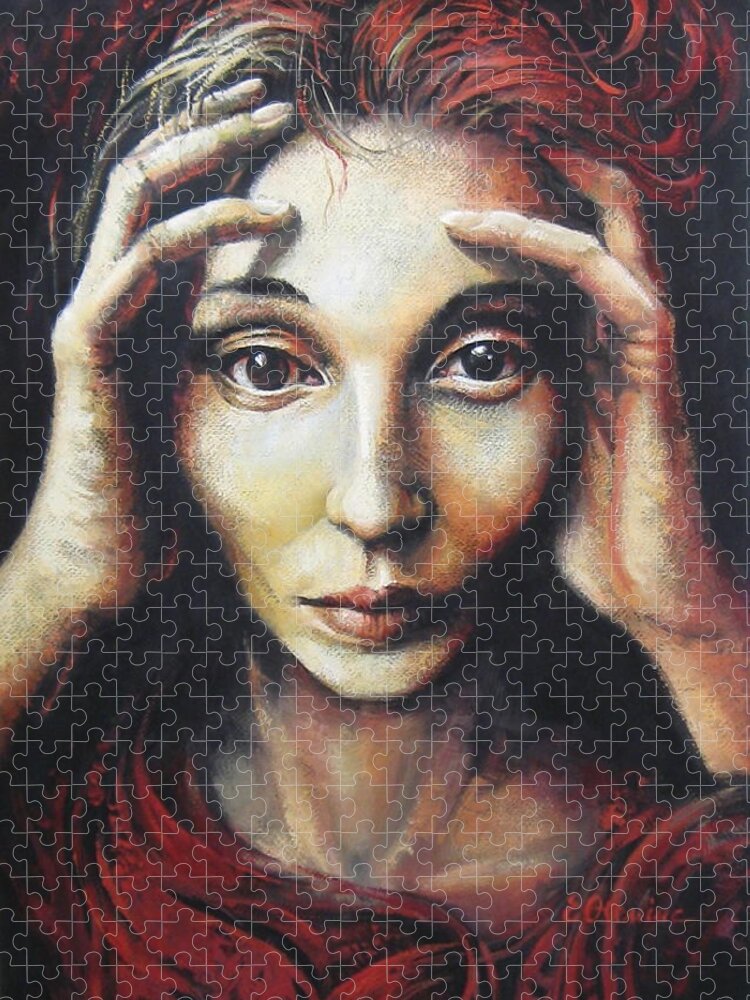 Woman Jigsaw Puzzle featuring the painting Overwhelmed by Elena Oleniuc