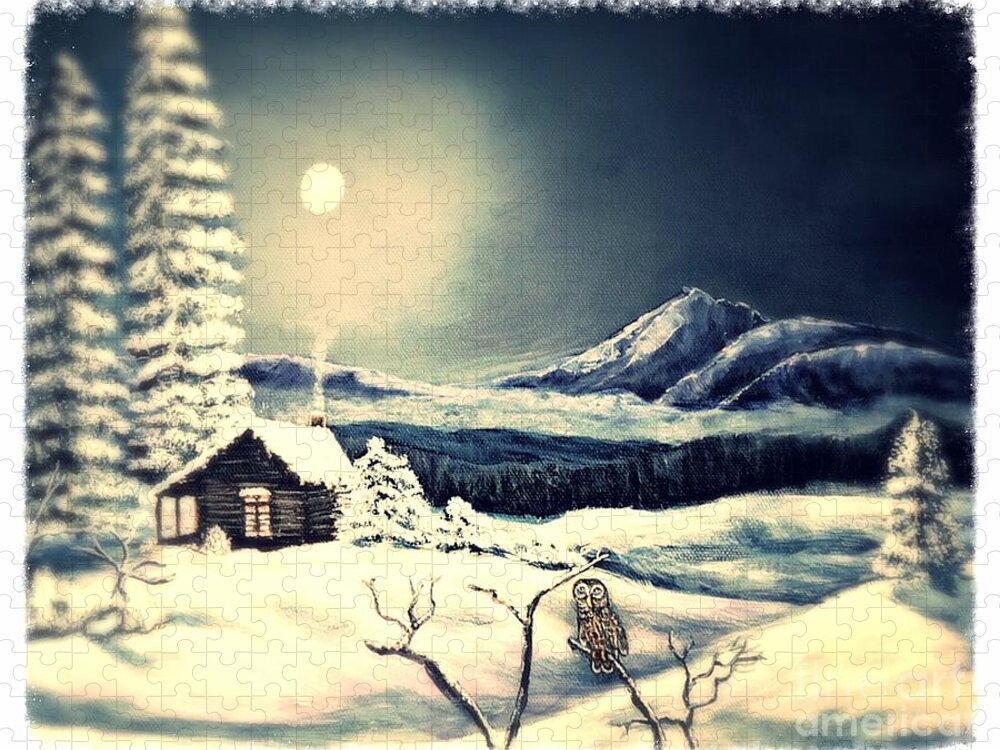 Nature Scene Paintings Snow Paintings Cabin Paintings Thick Snow Covering Hills And The Valley Log Cabin Full Moon Owl In Foreground Jigsaw Puzzle featuring the painting Owl Watch on a Cold Winter's Night by Kimberlee Baxter