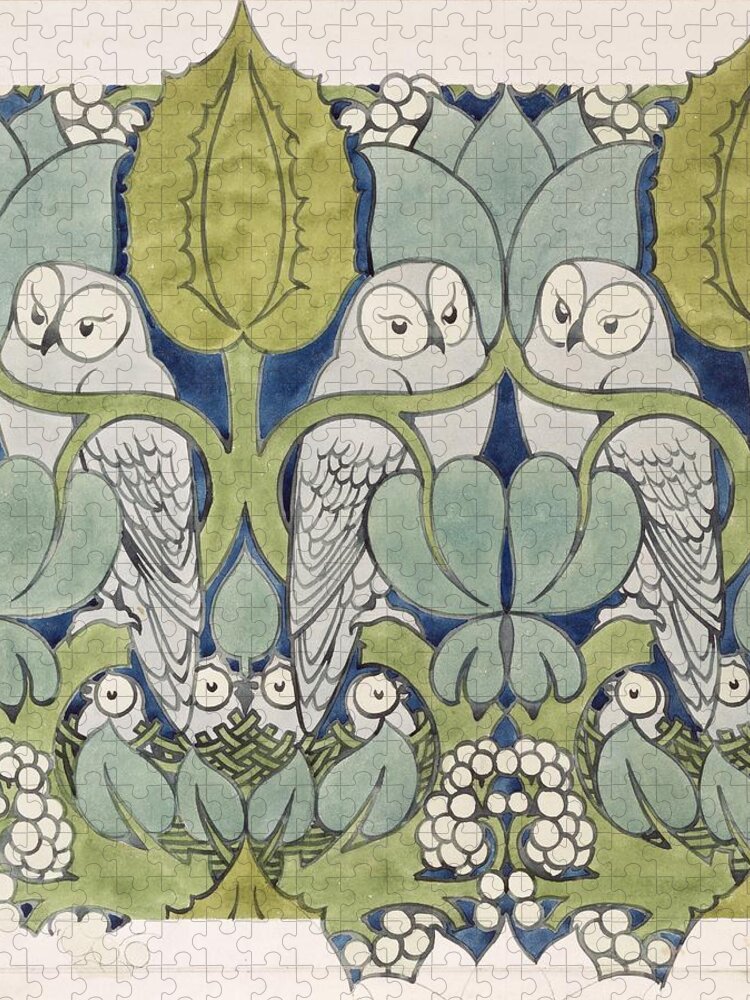 Textile Or Wallpaper Design Jigsaw Puzzle featuring the painting Owls, 1913 by Charles Francis Annesley Voysey