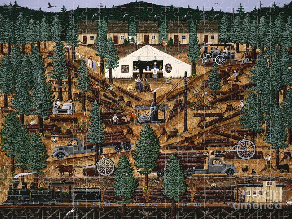 Logging Camp Jigsaw Puzzle featuring the painting Pacific Northwest Logging Memories by Jennifer Lake