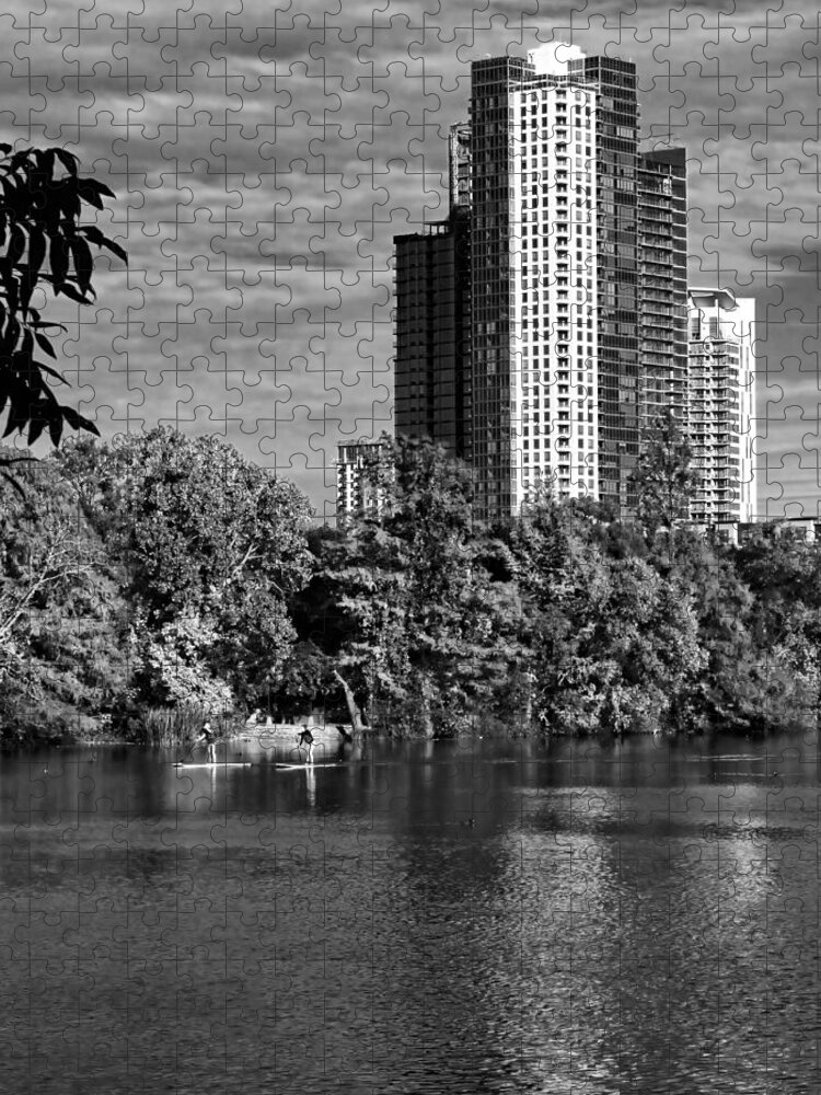 Austin Jigsaw Puzzle featuring the photograph Paddling Boarding in Austin BW by Judy Vincent