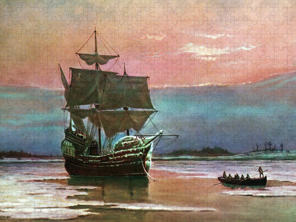 Horizontal Jigsaw Puzzle featuring the painting Painting Of The Ship The Mayflower 1620 by Vintage Images