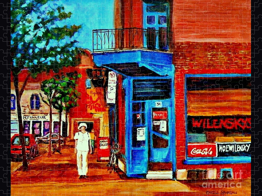 Montreal Jigsaw Puzzle featuring the painting Paintings Of Montreal Memories Moe Wilenskys Famous Corner Deli Montreal Spring City Scene by Carole Spandau