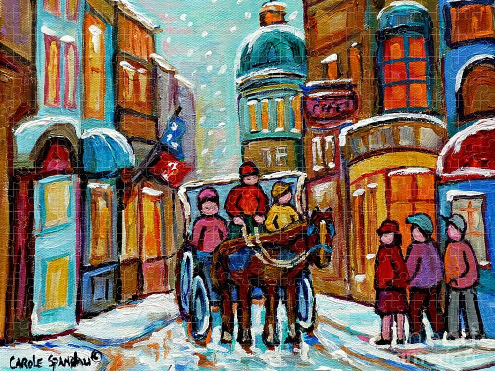Montreal Jigsaw Puzzle featuring the painting Paintings Of Snowscenes Old Montreal Winter Scene Art Horse And Buggy Old City Quebec Carole Spandau by Carole Spandau