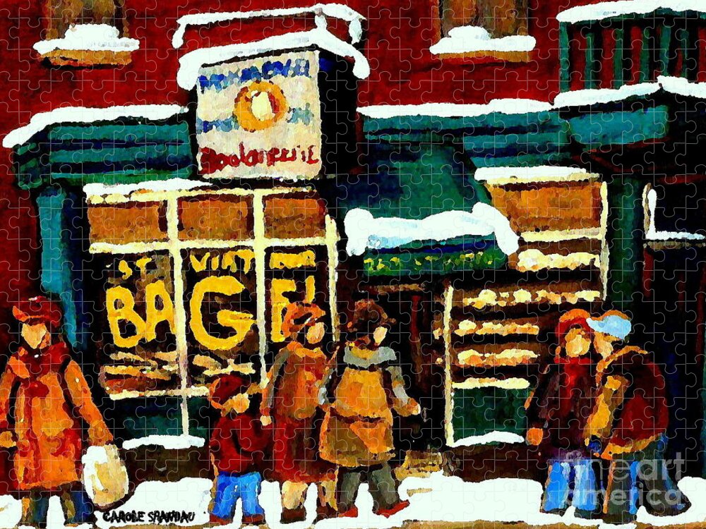 St.viateur Bagel Jigsaw Puzzle featuring the painting Paintings Of St Viateur Bagel Bakery Montreal Depanneur Deli Boulangerie Art Cityscene C Spandau by Carole Spandau