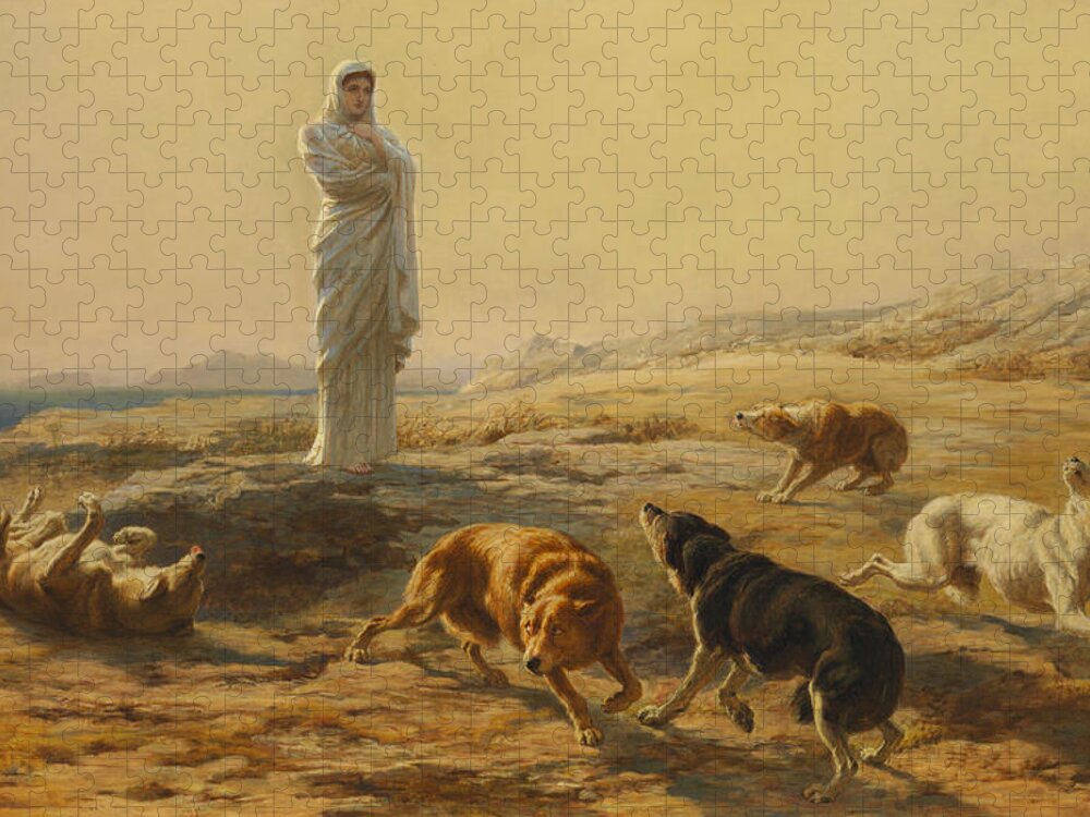 Briton Riviere Jigsaw Puzzle featuring the painting Pallas Athena and the Herdsmans Dogs by Briton Riviere