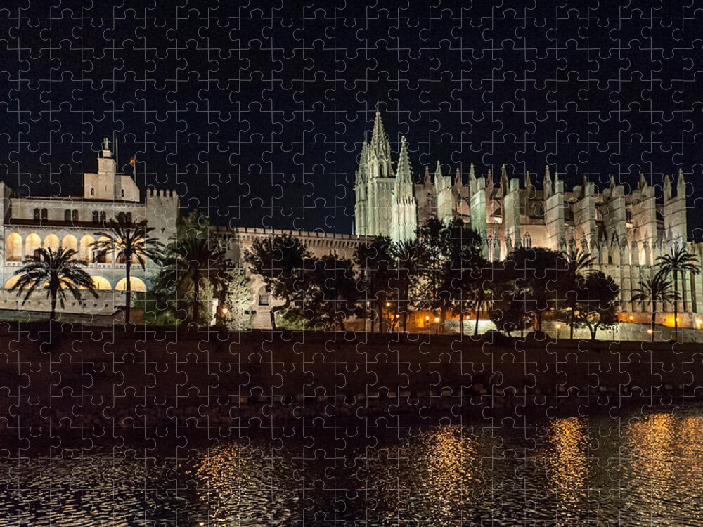 Gothic Achitecture Jigsaw Puzzle featuring the photograph Palma cathedral Mallorca at night by Gary Eason