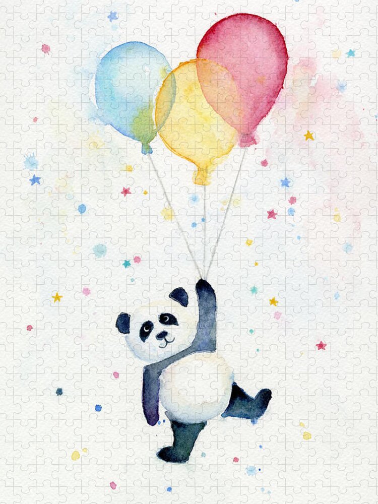 Panda Puzzle featuring the painting Panda Floating with Balloons by Olga Shvartsur