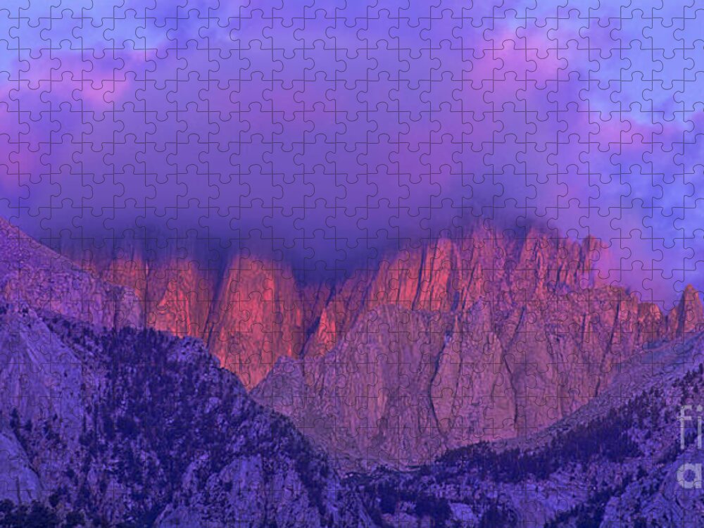 Eastern Sierras Jigsaw Puzzle featuring the photograph Panorama Alpenglow on Mount Whitney Eastern Sierras California by Dave Welling