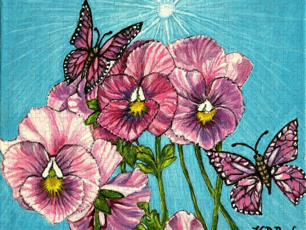 Nature Scene For Easter Pink Coral Petals Yellow With Touch Of Black On Flower Heads Pansies Like Pinwheels White Grayish Blue Sunlight Magical Whimsical Pink Butterflies Canvas Painting Jigsaw Puzzle featuring the painting Pansy Pinwheels and the Magical Butterflies by Kimberlee Baxter