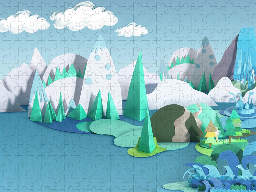 Scenics Jigsaw Puzzle featuring the photograph Paper Craft Mountains And Sea Landscape by Paper Boat Creative