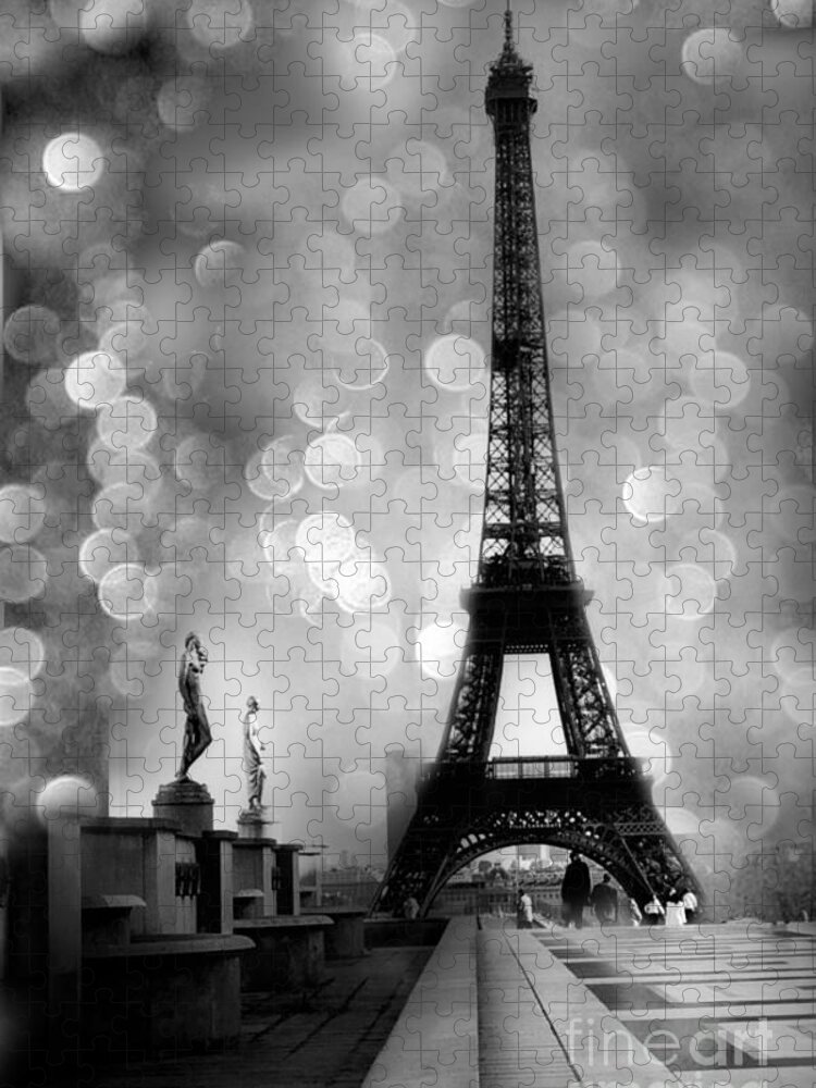Paris Jigsaw Puzzle featuring the photograph Paris Eiffel Tower Surreal Black and White Photography - Eiffel Tower Bokeh Surreal Fantasy Night by Kathy Fornal