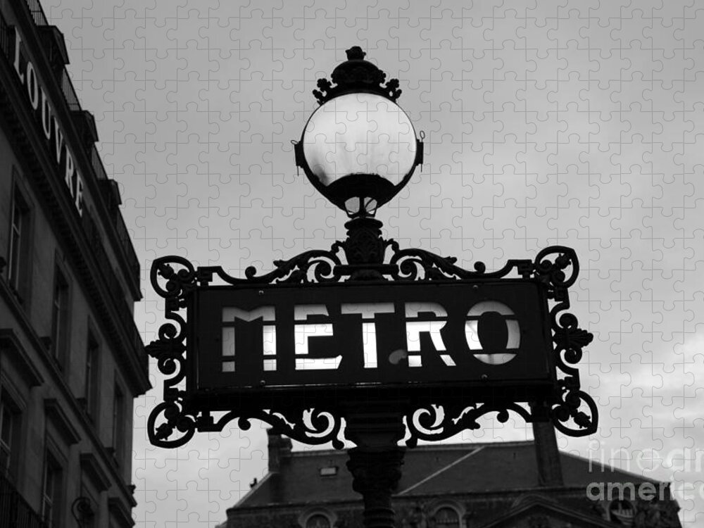 Paris Jigsaw Puzzle featuring the photograph Paris Metro Sign Black and White Art - Ornate Metro Sign at the Louvre - Metro Sign Architecture by Kathy Fornal