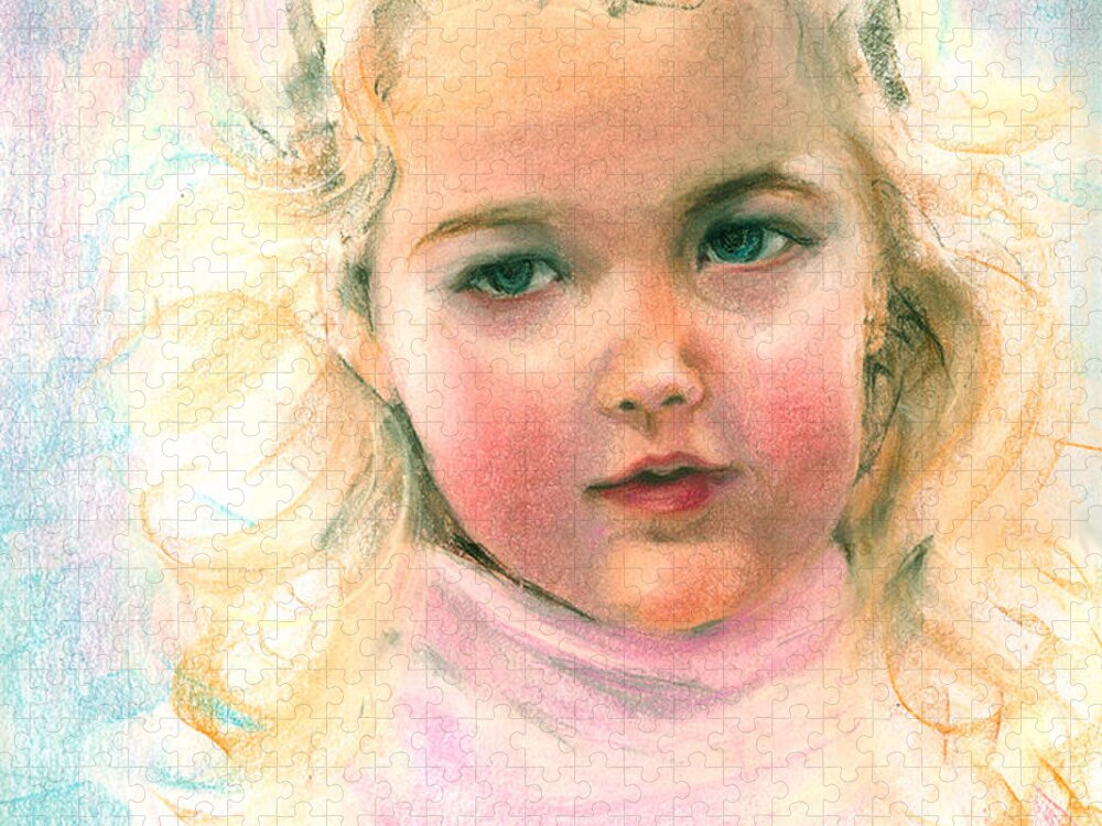Greta Corens Pastel Portrait Of An Angelic Girl Jigsaw Puzzle featuring the painting Pastel portrait of an angelic girl by Greta Corens