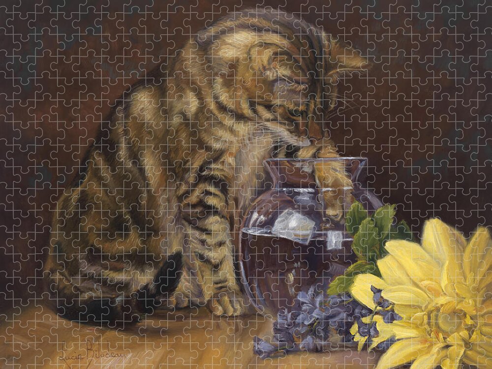 Cat Jigsaw Puzzle featuring the painting Paw in the Vase by Lucie Bilodeau