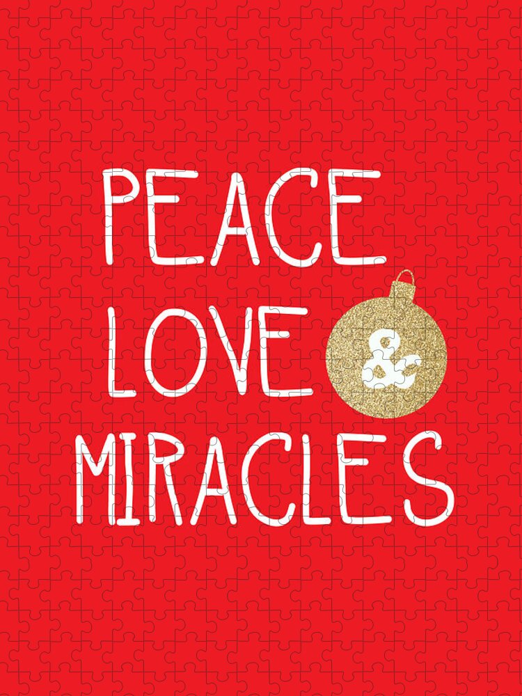 Christmas Jigsaw Puzzle featuring the mixed media Peace Love and Miracles with Christmas Ornament by Linda Woods