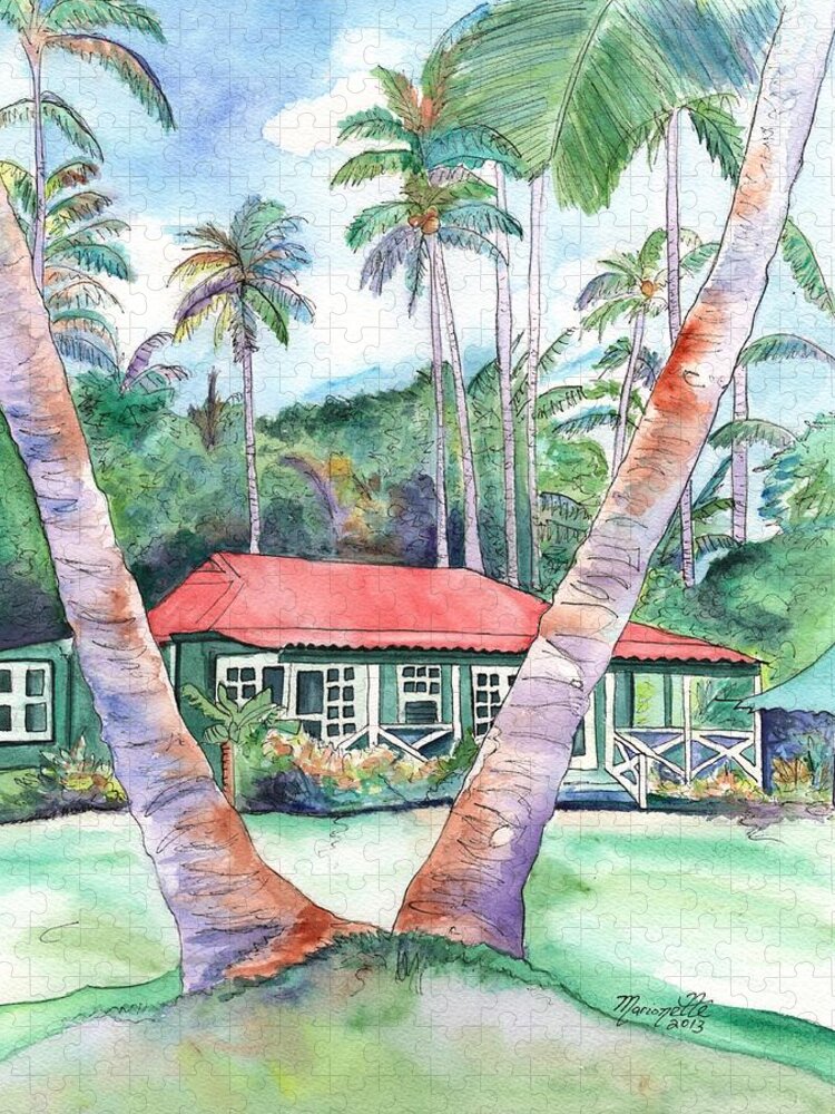 Plantation Cottage Jigsaw Puzzle featuring the painting Peeking Between the Palm Trees 2 by Marionette Taboniar