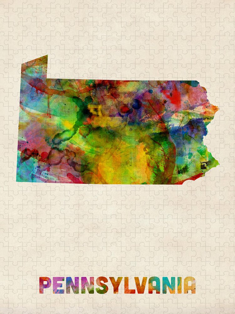 United States Map Jigsaw Puzzle featuring the digital art Pennsylvania Watercolor Map by Michael Tompsett