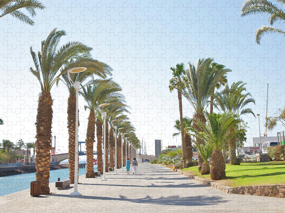 Tranquility Puzzle featuring the photograph People In Between Palms On Eilat Walkway by Barry Winiker