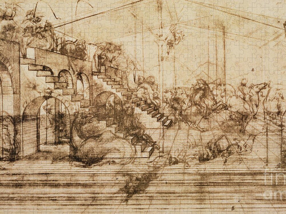 Staircase Jigsaw Puzzle featuring the drawing Perspective Study for the Background of the Adoration of the Magi by Leonardo da Vinci