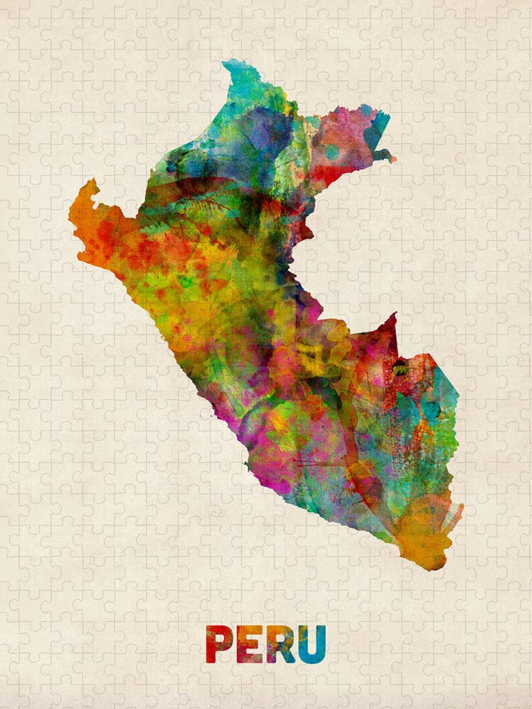 Map Art Jigsaw Puzzle featuring the digital art Peru Watercolor Map by Michael Tompsett