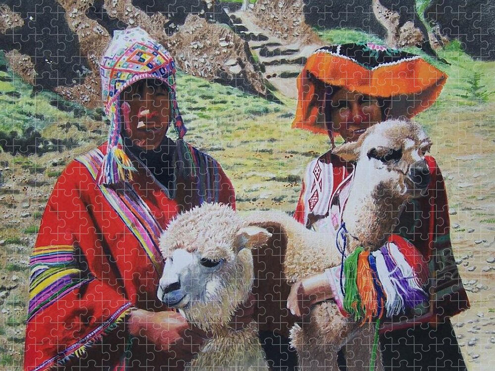 Landscape Jigsaw Puzzle featuring the mixed media Peruvians by Constance Drescher