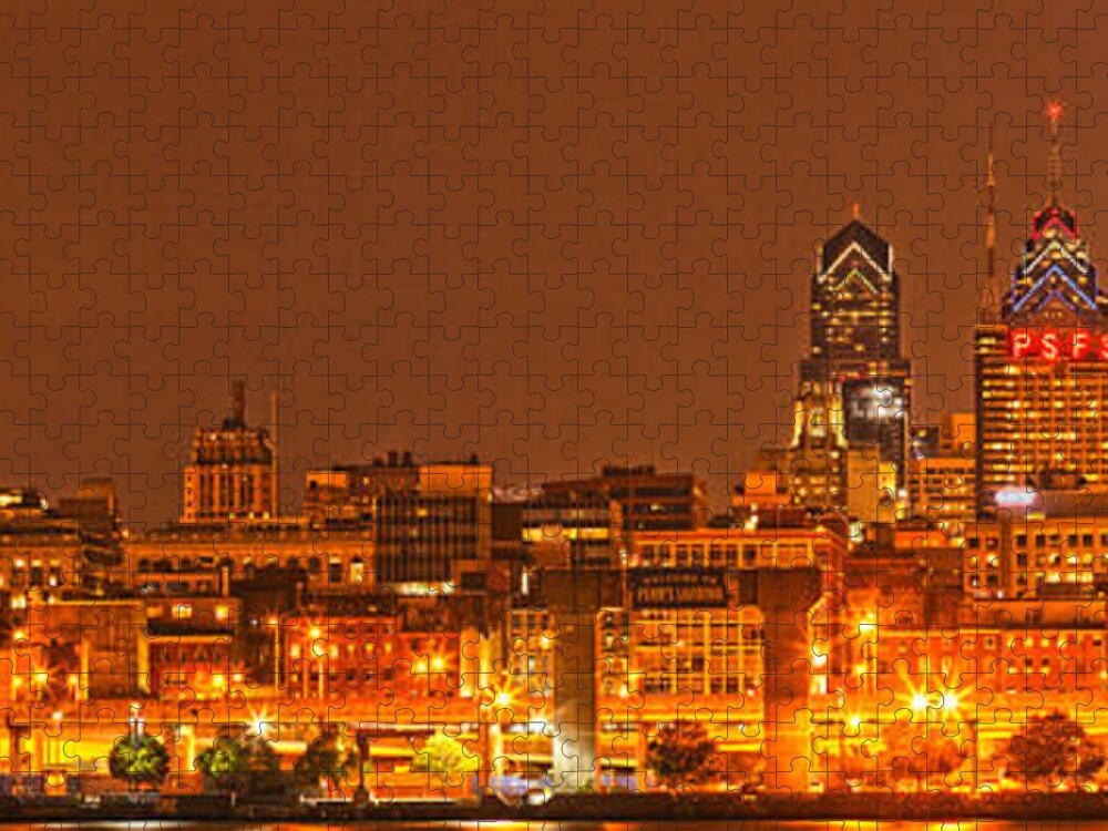 Philadelphia Skyline Jigsaw Puzzle featuring the photograph Philadelphia Lights Up The Sky by Adam Jewell
