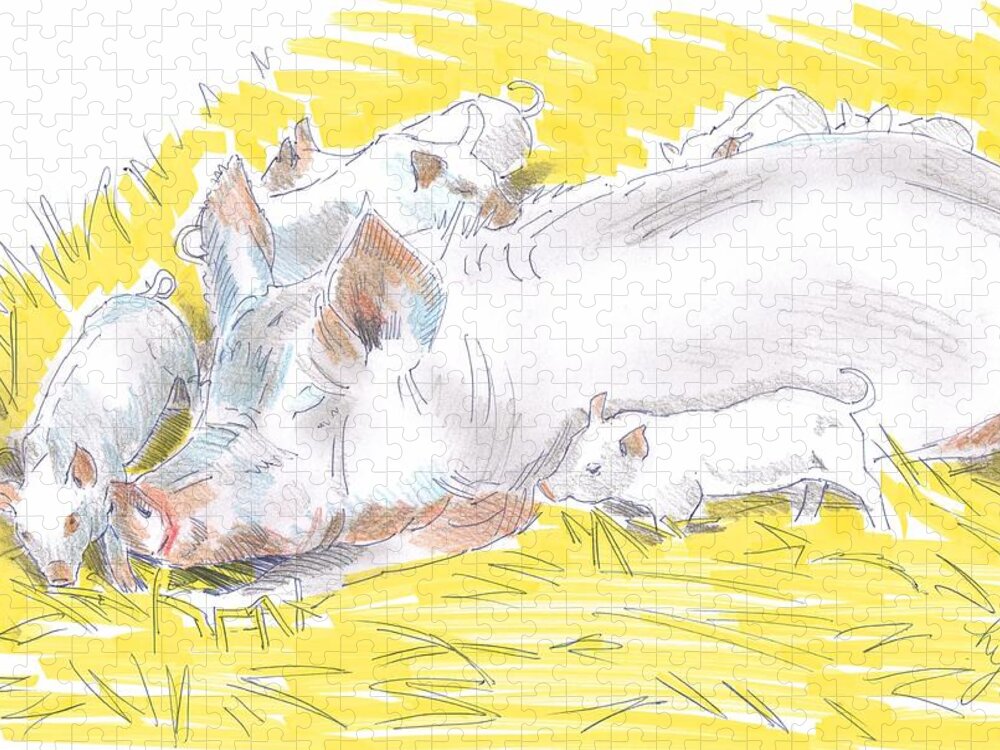 Pig Jigsaw Puzzle featuring the drawing Pig Sow and Piglets by Mike Jory