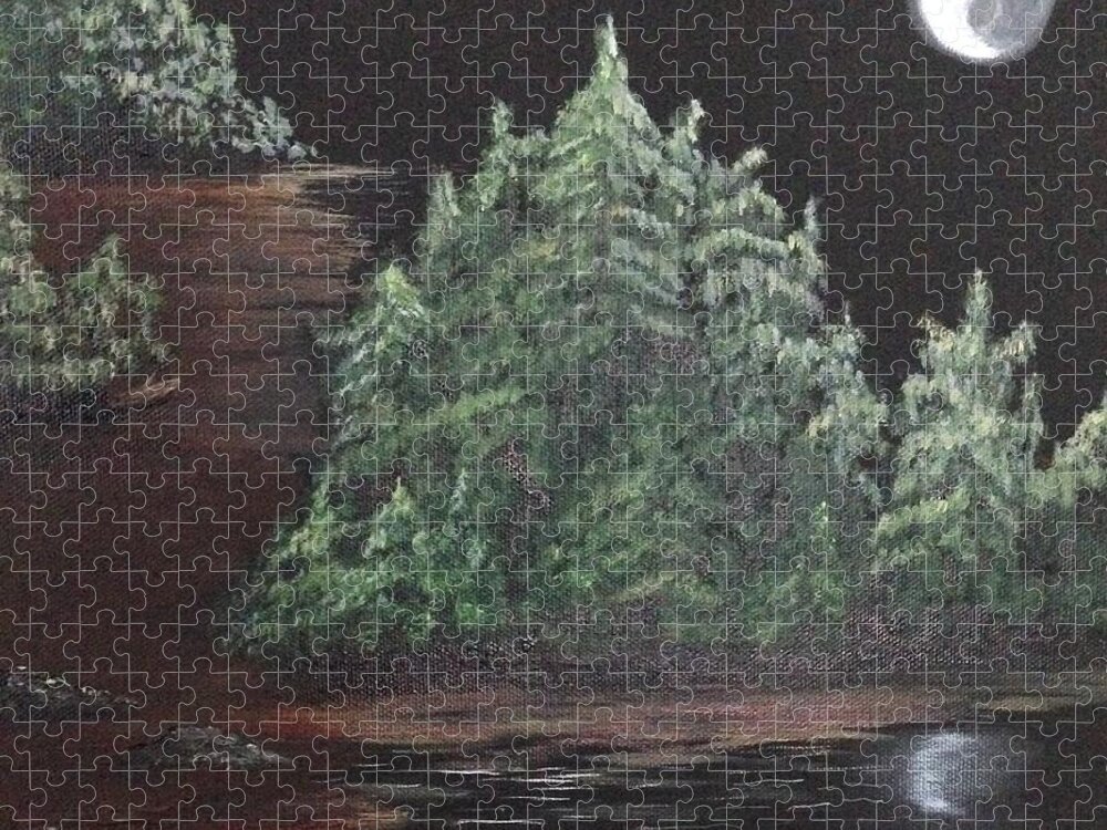 Pines Jigsaw Puzzle featuring the painting Pines With moon by Monika Shepherdson