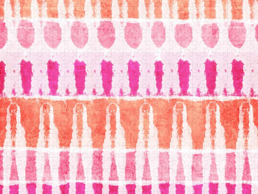 Pink Jigsaw Puzzle featuring the painting Pink and Orange Tie Dye by Linda Woods