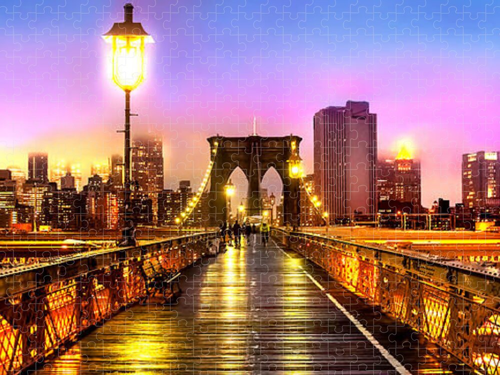 Brooklyn Bridge Jigsaw Puzzle featuring the photograph Pink Fog Of New York City by Az Jackson