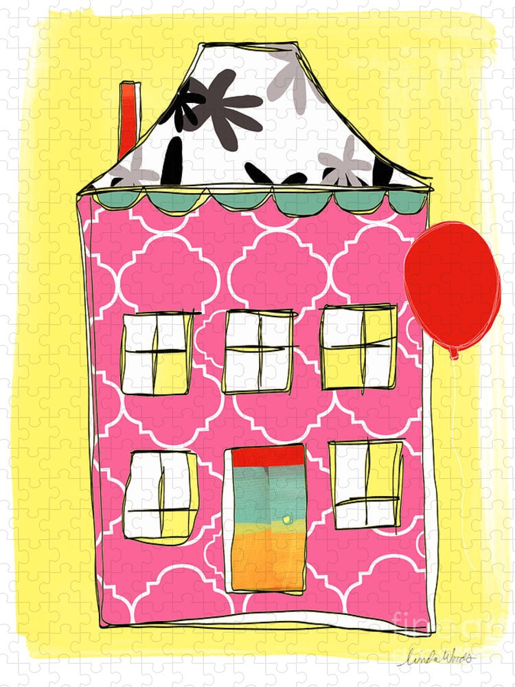 House Jigsaw Puzzle featuring the painting Pink House by Linda Woods
