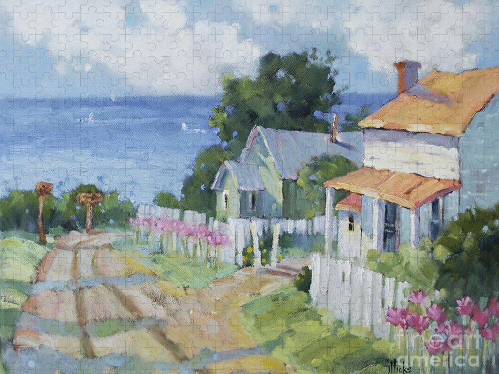 Impressionist Jigsaw Puzzle featuring the painting Pink Lady Lilies by the Sea by Joyce Hicks by Joyce Hicks