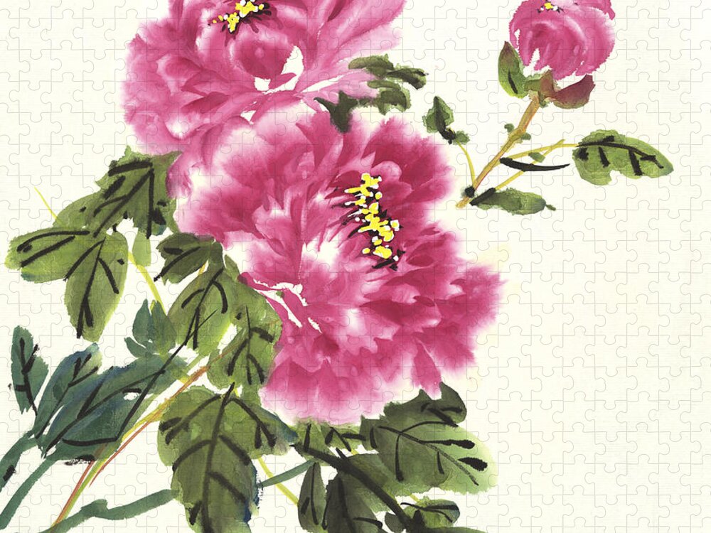 Flower Jigsaw Puzzle featuring the painting Pink Peonies by Yolanda Koh