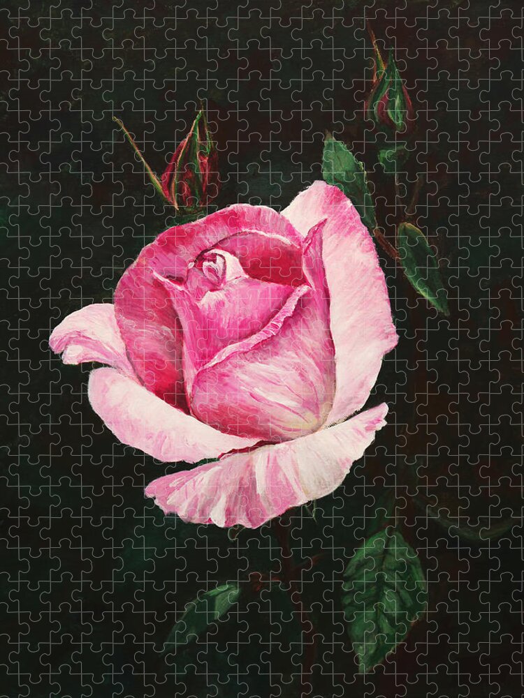 Flowers Jigsaw Puzzle featuring the painting Pink Rose by Masha Batkova