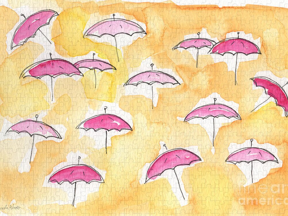 Umbrellas Puzzle featuring the painting Pink Umbrellas by Linda Woods