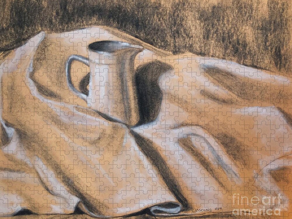 Pitcher And Cloth Jigsaw Puzzle featuring the drawing Pitcher and Cloth by Teresa Ascone