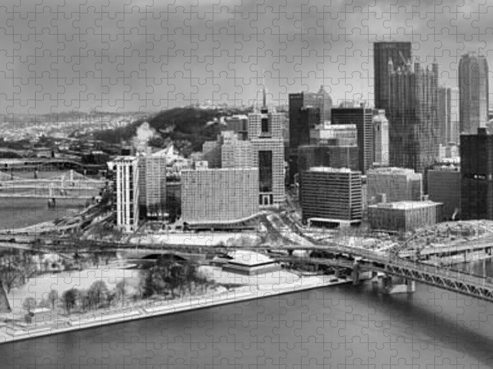 Black And White Jigsaw Puzzle featuring the photograph Pittsburgh Black And White Winter Panorama by Adam Jewell